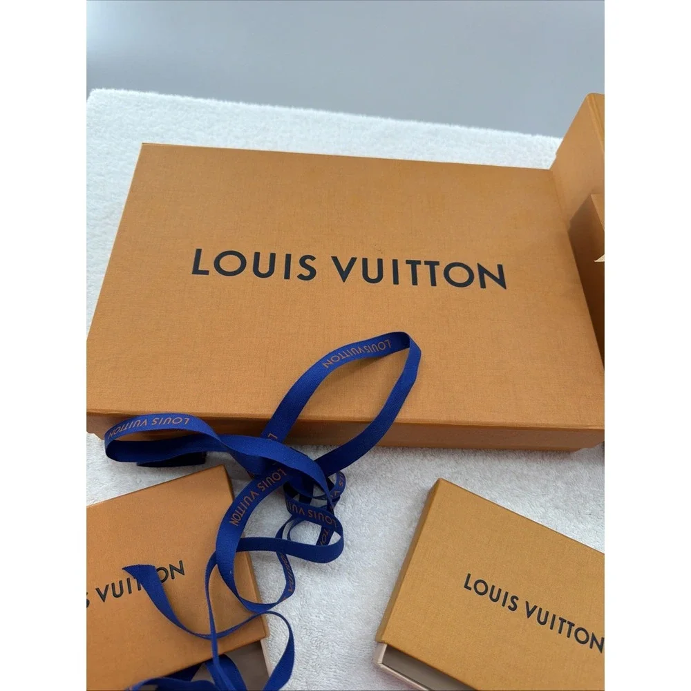 Empty Louis Vuitton Orange Gift Box Set of 4 w/ Blue Ribbon, Rectangle Cardboard